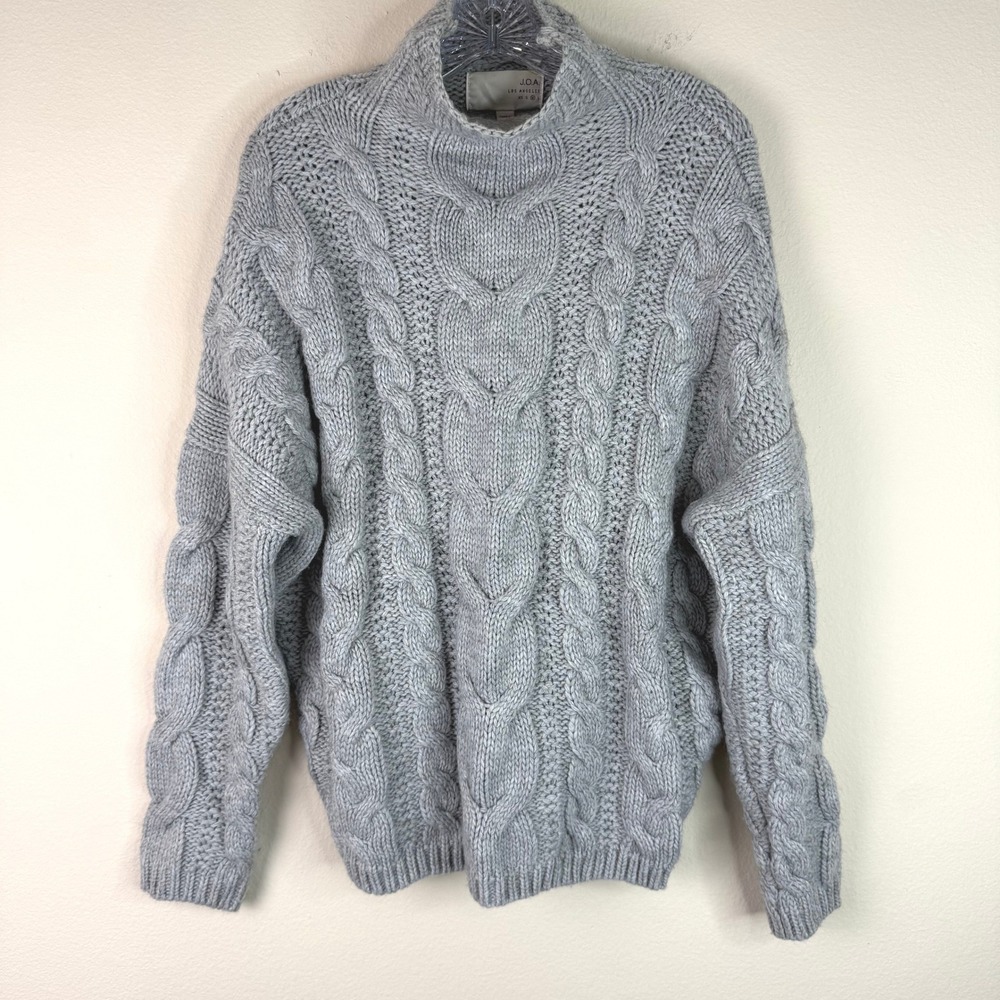 J.O.A. Sweater Womens Medium Grey Cable Knit Mock Neck Wool Blend Chunky